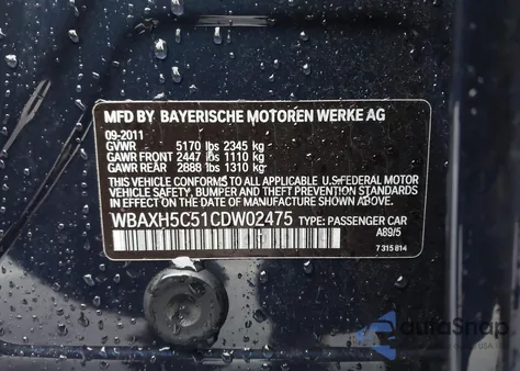 2012 BMW 528I xDrive from USA, damaged, VIN WBAXH5C51CDW02475